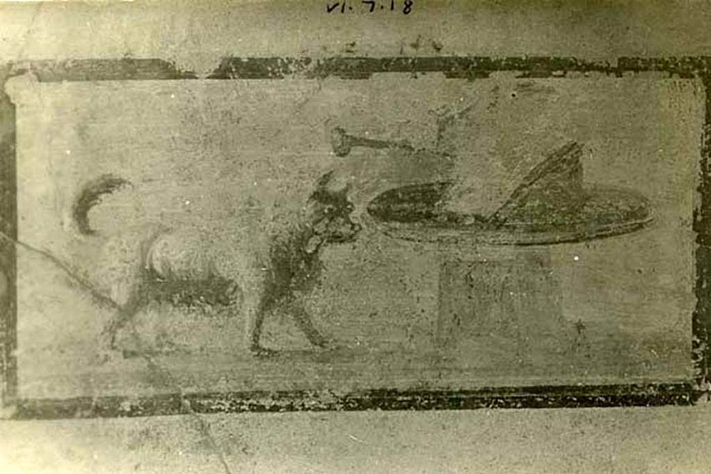 VI.7.18 Pompeii. 1937-39. Detail of panel on north wall of east portico showing a dog in front of a cylindrical podium.
Photo courtesy of American Academy in Rome, Photographic Archive.
Warsher collection no. 1668.