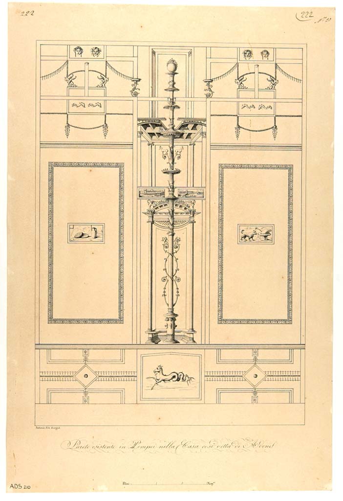VI.7.18 Pompeii. Pen and ink drawing by Antonio Ala, not dated, showing the short north wall on the east end of the portico.
The panel at the west end (on left) seems to show two loaves of bread and a jug, the panel on the east end (right) appears to show a dog.
Now in Naples Archaeological Museum. Inventory number ADS 210.
Photo © ICCD. http://www.catalogo.beniculturali.it
Utilizzabili alle condizioni della licenza Attribuzione - Non commerciale - Condividi allo stesso modo 2.5 Italia (CC BY-NC-SA 2.5 IT)