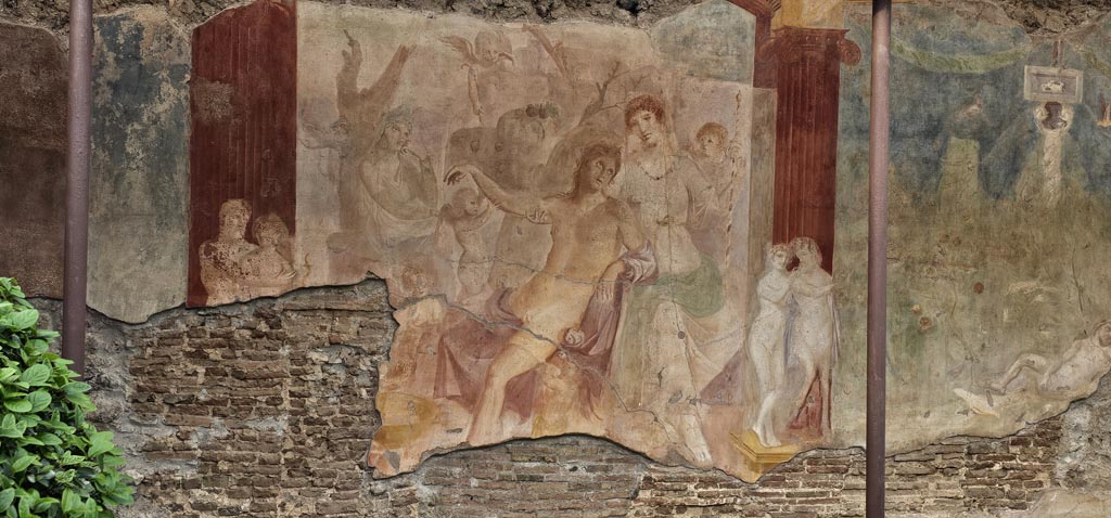 VI.7.18 Pompeii. December 2023.
Large wall painting of Adonis ferito and Aphrodite on north wall in peristyle. Photo courtesy of Miriam Colomer.