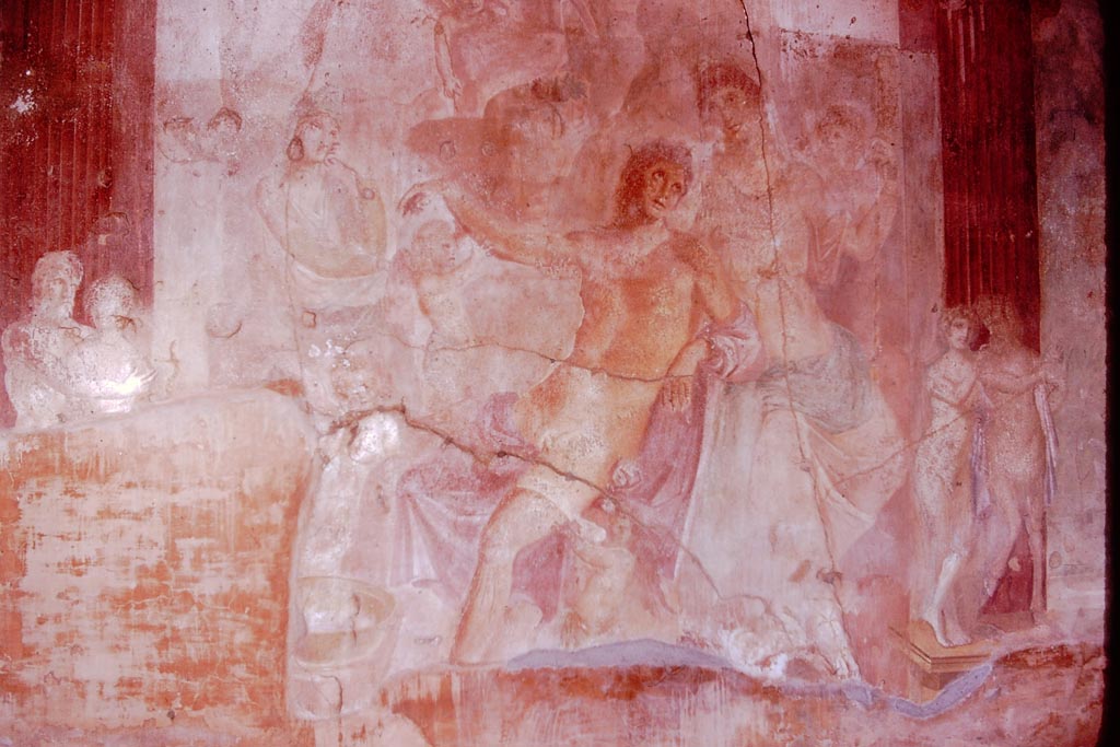 VI.7.18 Pompeii. 1974. Large wall painting of Adonis ferito and Aphrodite in peristyle. Photo by Stanley A. Jashemski.
Source: The Wilhelmina and Stanley A. Jashemski archive in the University of Maryland Library, Special Collections (See collection page) and made available under the Creative Commons Attribution-Non Commercial License v.4. See Licence and use details.
J74f0150