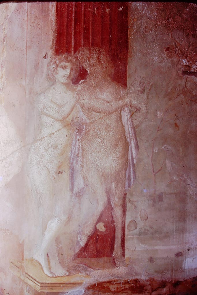 VI.7.18 Pompeii. 1974.
Detail of Marsyas and Olympus with a lyre. Photo by Stanley A. Jashemski.
Source: The Wilhelmina and Stanley A. Jashemski archive in the University of Maryland Library, Special Collections (See collection page) and made available under the Creative Commons Attribution-Non Commercial License v.4. See Licence and use details.
J74f0151