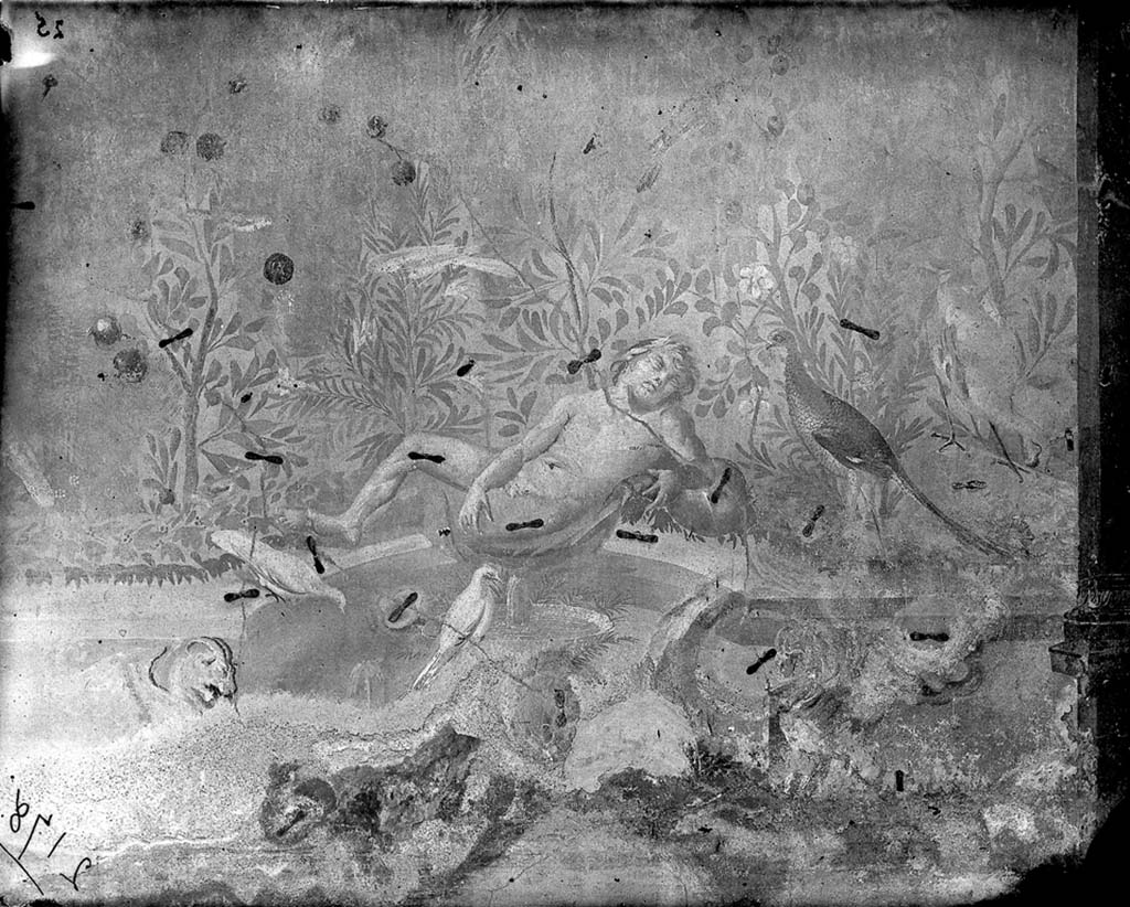 VI.7.18 Pompeii. c.1871. Sleeping Eros ?. c.1871. Painting on north wall of peristyle.
Photo by J. H. Parker, © American Academy in Rome. Parker.2178.Italia.