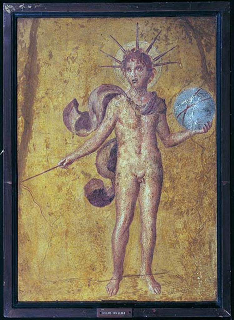 VI.7.20 Pompeii. Found on 17th Feb 1830. Left wall of atrium (2).
Wall painting of Apollo with halo and corona.
He is wearing a cloak and holds a globe and a whip.
See Pagano, M. and Prisciandaro, R., 2006. Studio sulle provenienze degli oggetti rinvenuti negli scavi borbonici del regno di Napoli. Naples : Nicola Longobardi. (p.143).
Now in Naples Archaeological Museum. Inventory number 8819.