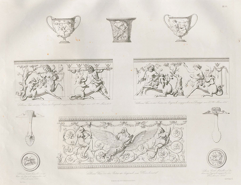 VI.7.20 Pompeii. Pre January 1851.
Drawing by Zahn of silverware, top row on either end, two silver vases/canthari from Pompeii, decorated with cupids and centaurs.
These were found at Pompeii on 23rd March 1835 and were discovered with 40 others in a wooden chest in a house in Via Mercurio, facing the house of Castor and Pollux. The central vase with centaurs was from Herculaneum.
The row in the centre shows details of the two from Pompeii. The lower row shows details of the one from Herculaneum.
Now in Naples Museum.
See Zahn, W., 1852-59. Die schönsten Ornamente und merkwürdigsten Gemälde aus Pompeji, Herkulanum und Stabiae: III. Berlin: Reimer, Taf.28.