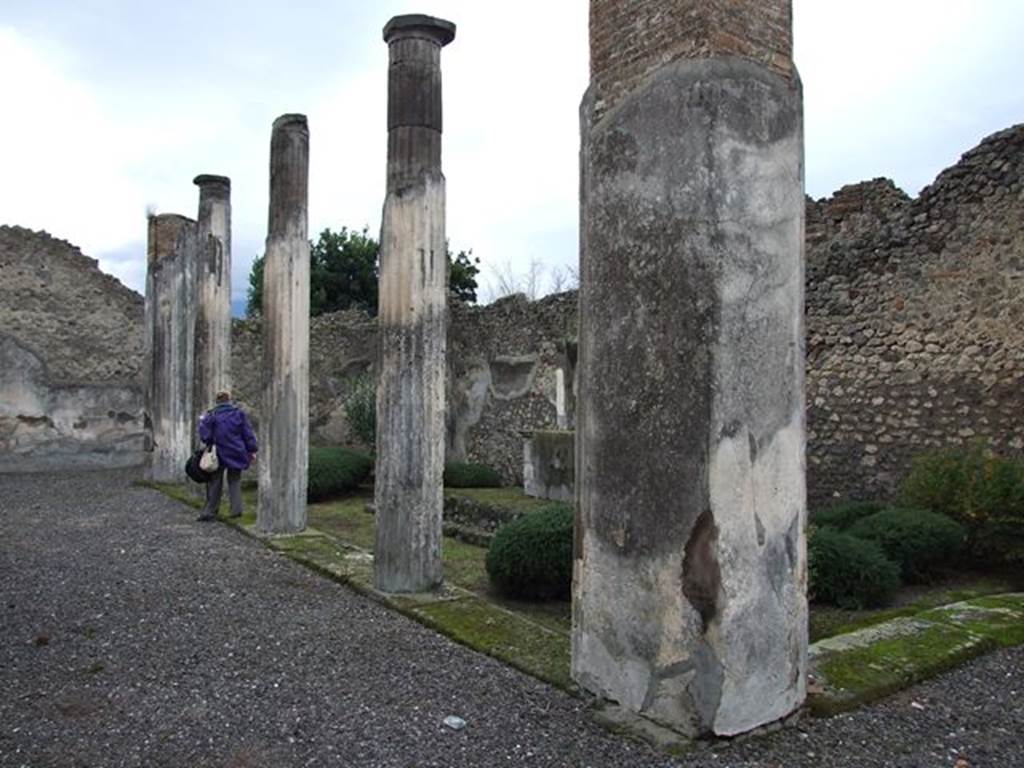 VI.7.20 Pompeii. December 2006. Looking south along east portico. According to Jashemski, the garden had a portico on the south, east and west sides, supported by nine columns.
See Jashemski, W. F., 1993. The Gardens of Pompeii, Volume II: Appendices. New York: Caratzas. (p.130)