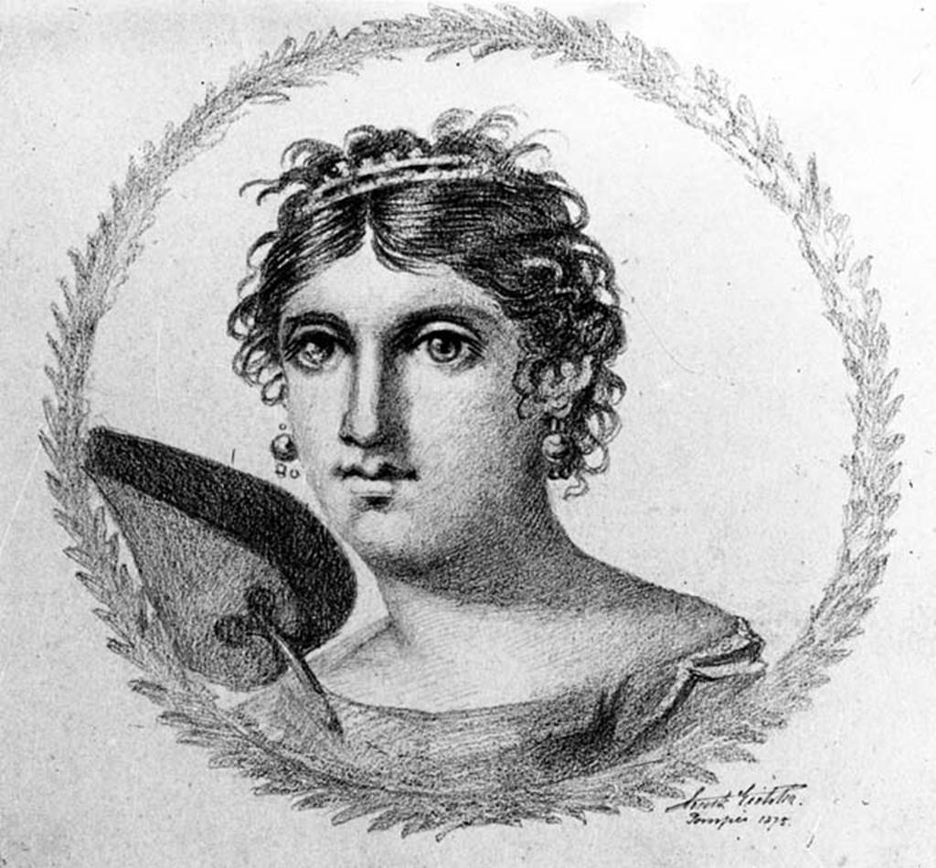 VI.7.20 Pompeii. W.54. Drawing of woman in painted medallion from north wall of small exedra.
Photo by Tatiana Warscher. Photo © Deutsches Archäologisches Institut, Abteilung Rom, Arkiv.