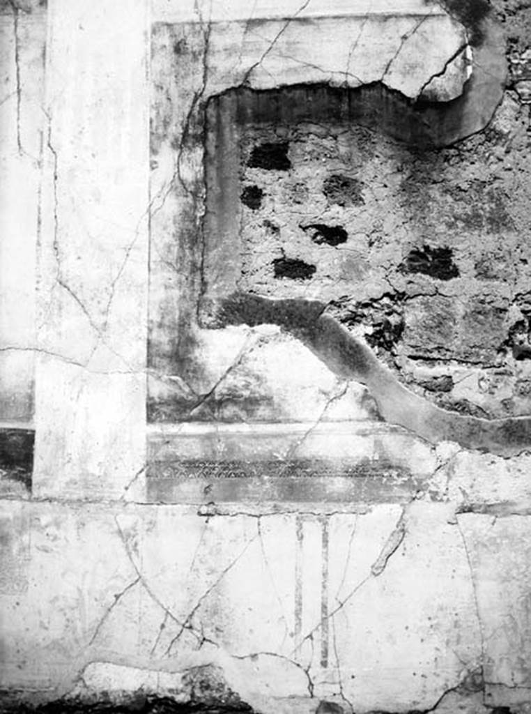 231385 Bestand-D-DAI-ROM-W.1229.jpg
VI.7.20 Pompeii. W.1229. North wall of tablinum with detail of wall decoration. According to Bragantini, in the centre of the north wall would have been a painting of Narcissus. Now removed to the Naples Archaeological Museum, inventory number 9388.
See Bragantini, de Vos, Badoni, 1983. Pitture e Pavimenti di Pompei, Parte 2. Rome: ICCD. (p.155)
Photo by Tatiana Warscher. With kind permission of DAI Rome, whose copyright it remains.
See http://arachne.uni-koeln.de/item/marbilderbestand/231385