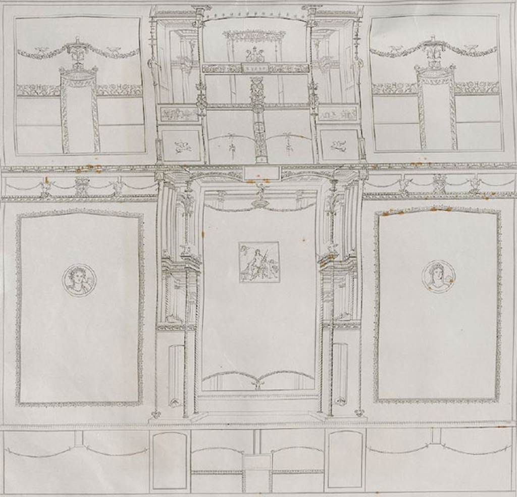 VI.7.23 Pompeii. South wall of tablinum with painting of the Toilette of Venus in centre.
See Zahn, W., 1842. Die schönsten Ornamente und merkwürdigsten Gemälde aus Pompeji, Herkulanum und Stabiae: II. Berlin: Reimer. Taf. 43.