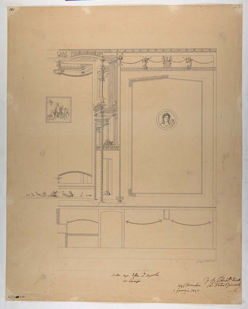 VI.7.23 Pompeii. Pen and ink drawing by Giuseppe Abbate of west end of south wall of tablinum.
This showed the medallion with head of a female with cupid on her shoulder, left in situ and now faded and unrecognisable.
Now in Naples Archaeological Museum. Inventory number ADS 218.
Photo © ICCD. http://www.catalogo.beniculturali.it
Utilizzabili alle condizioni della licenza Attribuzione - Non commerciale - Condividi allo stesso modo 2.5 Italia (CC BY-NC-SA 2.5 IT)