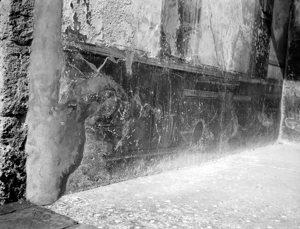 VI.7.23 Pompeii. W.1187. According to Warscher, this shows the remains of the wall decoration from the zoccolo of terrace (?)
We are dubious about this description but having searched many books, we cannot prove a better description or location.
It is such a beautiful picture it would have been a pity not to show it.
Photo by Tatiana Warscher. Photo © Deutsches Archäologisches Institut, Abteilung Rom, Arkiv.