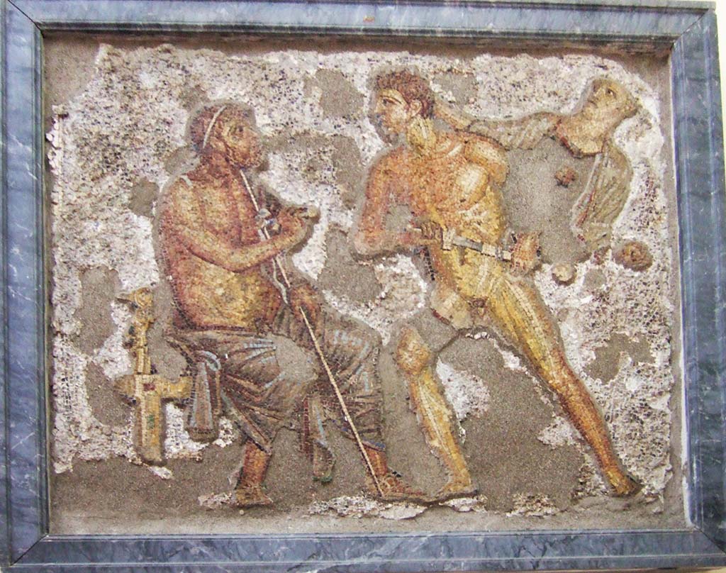 VI.7.23 Pompeii. May 2006. South side of garden portico. Mosaic of Achilles confronting Agamemnon.
Now in Naples Archaeological Museum. Inventory number 10006.