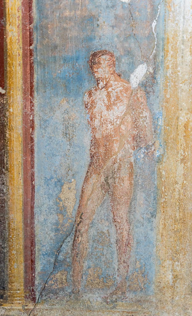 VI.7.23 Pompeii. October 2023.
Cubiculum. Detail from south alcove, west wall, Marsyas. Photo courtesy of Johannes Eber.