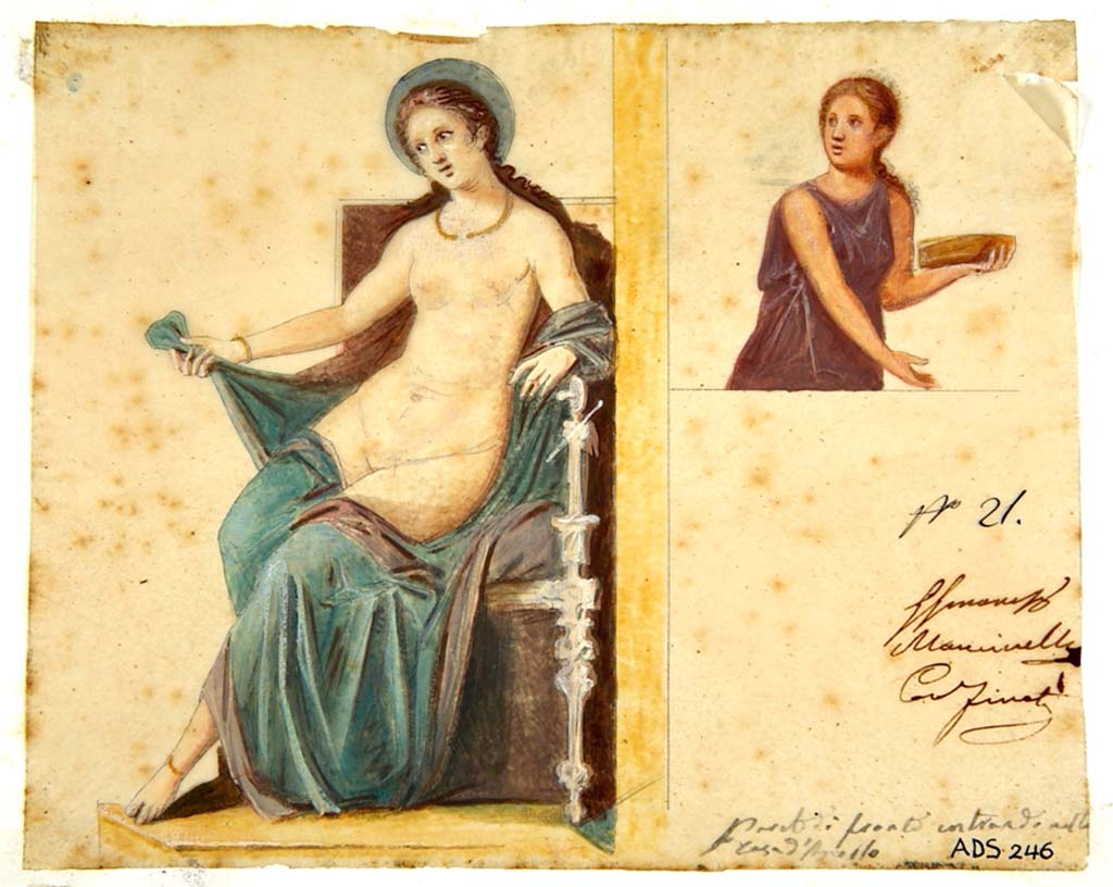 VI.7.23 Pompeii. Watercolour by M. Mastracchio, detail from west wall of cubiculum showing seated figure of Aphrodite together with figure on her right.
Now in Naples Archaeological Museum. Inventory number ADS 246.
Photo © ICCD. http://www.catalogo.beniculturali.it
Utilizzabili alle condizioni della licenza Attribuzione - Non commerciale - Condividi allo stesso modo 2.5 Italia (CC BY-NC-SA 2.5 IT)