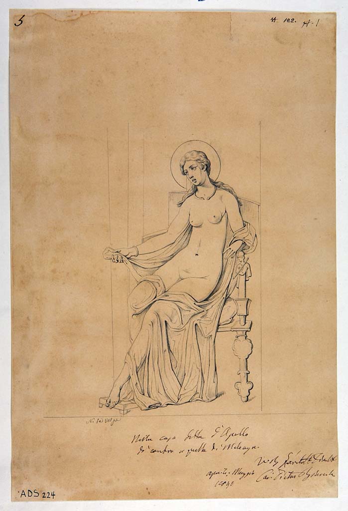 VI.7.23 Pompeii. Pen and ink drawing by N. La Volpe, showing seated figure of Aphrodite.
Now in Naples Archaeological Museum. Inventory number ADS 224.
Photo © ICCD. http://www.catalogo.beniculturali.it
Utilizzabili alle condizioni della licenza Attribuzione - Non commerciale - Condividi allo stesso modo 2.5 Italia (CC BY-NC-SA 2.5 IT)