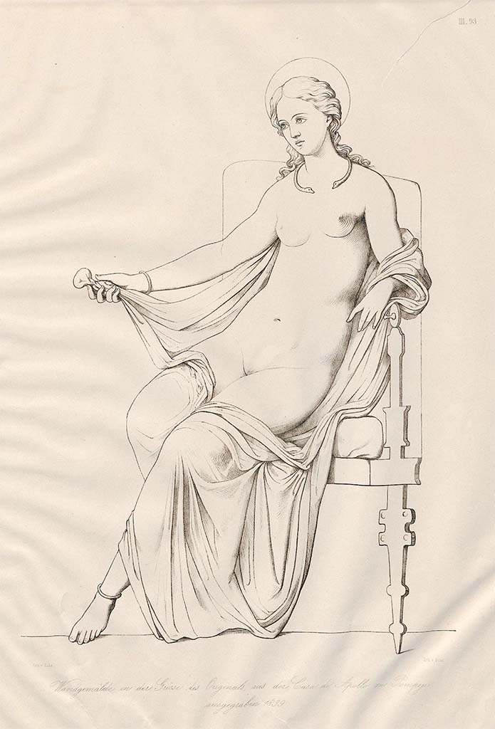 VI.7.23 Pompeii. Pre-September 1859. Drawing by Zahn of Venus on a throne.
See Zahn, W., 1852-59. Die schönsten Ornamente und merkwürdigsten Gemälde aus Pompeji, Herkulanum und Stabiae: III. Berlin: Reimer, taf. 93.