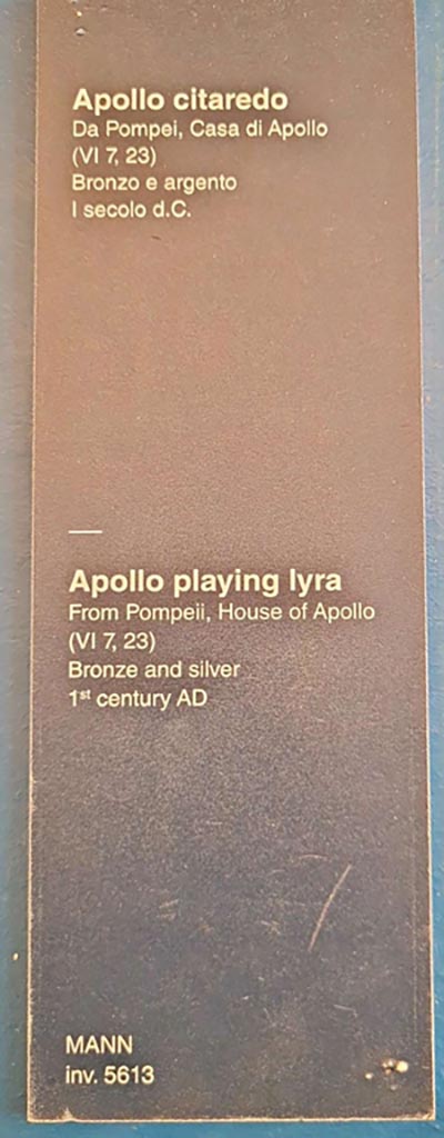 VI.7.23 Pompeii. October 2023.
Description card, but no location is given for the statue being found in the house.
Photo courtesy of Giuseppe Ciaramella.