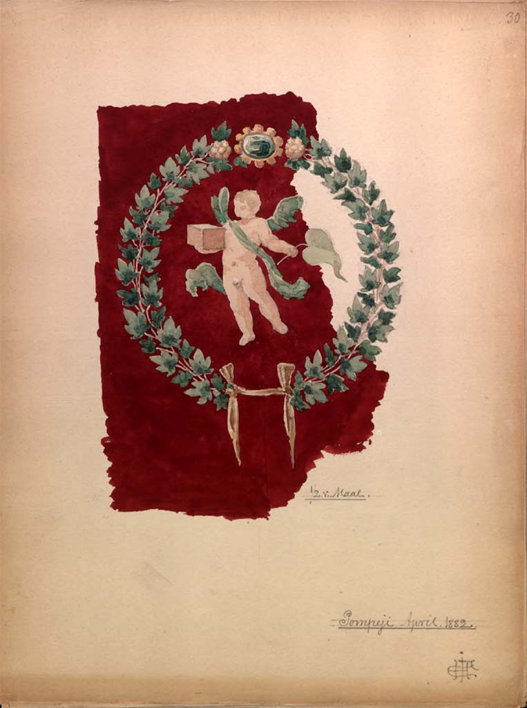 VI.8.3/5 Pompeii, April 1882. Painting by Hector Estrup, (1854-1904), from his 1882 Sketchbook.
Room 15, medallion with cupid with box, surrounded by garlands, from side panel.
See Skitsebog Hector Estrup (1854-1904) Italiensrejse 1882, pl. 30.
© Danmarks Kunstbibliotek, inventory number 52694.
http://kunstbib.dk/en/collections/sketchbooks/sketchbooks/000036205