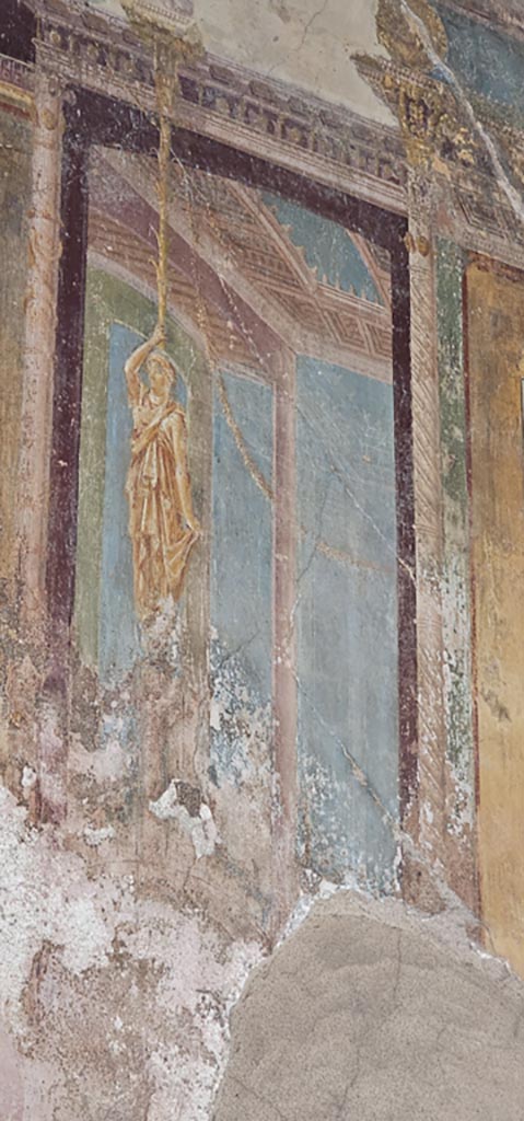 VI.8.3/5 Pompeii. December 2023.
Room 12, detail from north wall of dining room. Photo courtesy of Miriam Colomer.