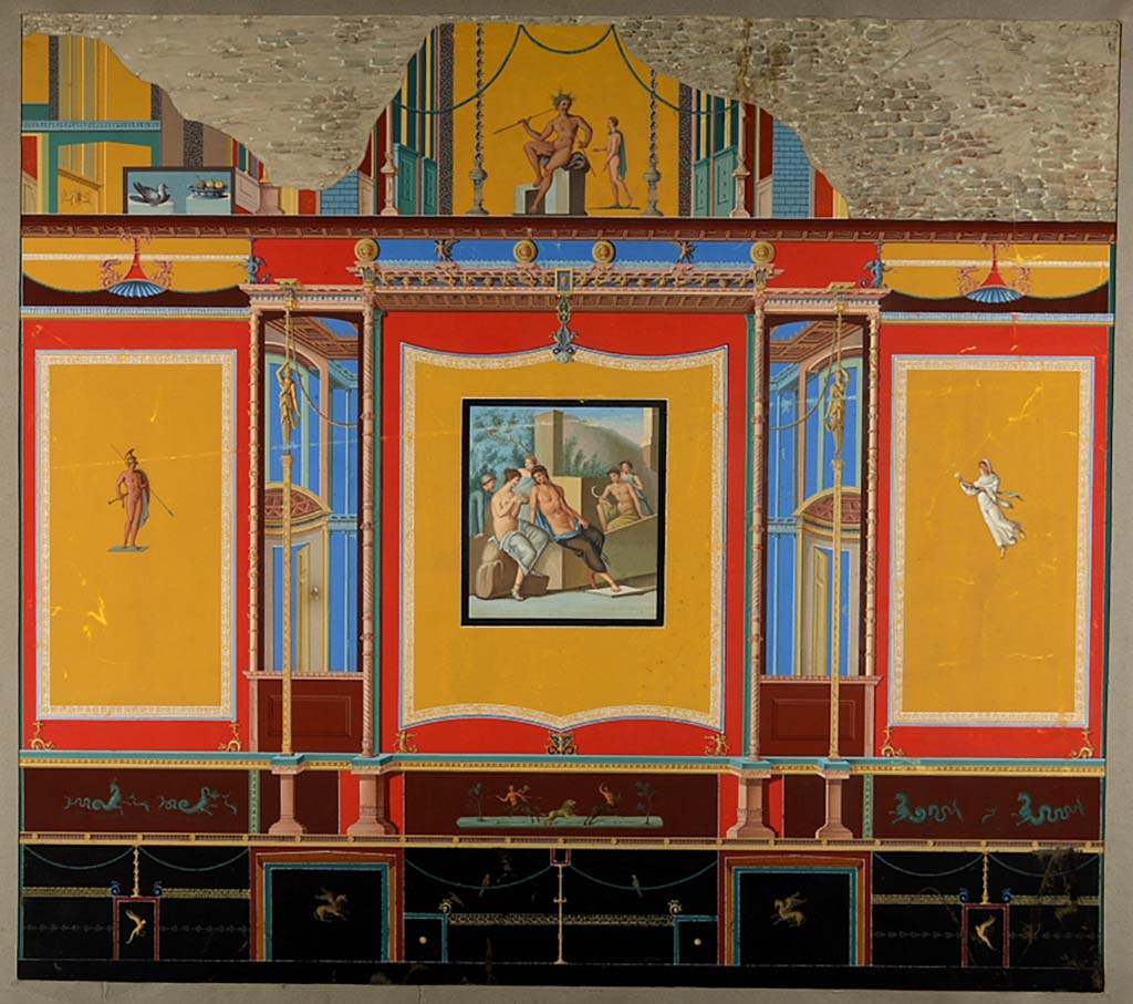 VI.8.3 Pompeii. Room 12, north wall of dining room. Painting by Antonio Ala, 1857, showing the complete north wall decorations.
Now in Naples Archaeological Museum. Inventory number ADS 293.
Photo © ICCD. http://www.catalogo.beniculturali.it
Utilizzabili alle condizioni della licenza Attribuzione - Non commerciale - Condividi allo stesso modo 2.5 Italia (CC BY-NC-SA 2.5 IT)