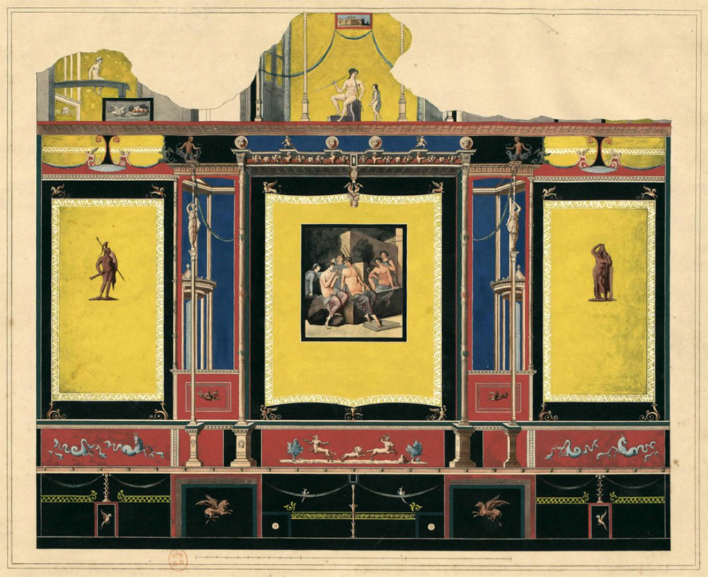 VI.8.3/5 Pompeii. c.1828. Room 12, north wall of dining room or exedra.
See Raoul Rochette et Bouchet J., 1828. Choix d'Edifices Inédits : Maison du Poète Tragique. Paris, pl 11.