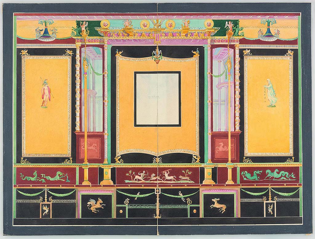 VI.8.3/5 Pompeii. 1836-7 painting by Friedrich Richter (1808-1868), of a wall in the reception room in House of the Tragic Poet.
© The State Hermitage Museum. Inventory number ОР-12600.