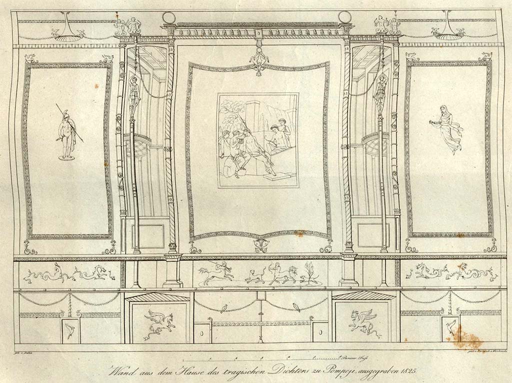 VI.8.3 Pompeii. Room 12, north wall of dining room. Drawing by Zahn published in 1828.
See Zahn, W., 1828. Die schönsten Ornamente und merkwürdigsten Gemälde aus Pompeji, Herkulanum und Stabiae: I. Berlin: Reimer, Taf. 23.
According to Gell:
M. Zahn, an artist of merit, who copied this painting of Leda only a few days after its discovery, states that the drapery of that princess was green lined with blue, and that the robe of Tyndareus was black lined with green. Behind Leda was an attendant in a green garment; the habit of the person with the bow was yellow, and that of the last figure on the right hand green. It is difficult to reconcile this account with its appearance about a month afterwards, when the robe of Leda was red, and that of Tyndareus purple, and both have remained so from that period to the present hour.
The landscape is much faded in the background. The red usually changes to black, and the wall, with the picture of Leda, had, in the course of a year's exposure, assumed a darker hue in consequence.
See Gell, W, 1832. Pompeiana: Vol 1. London: Jennings and Chaplin, p. 173.