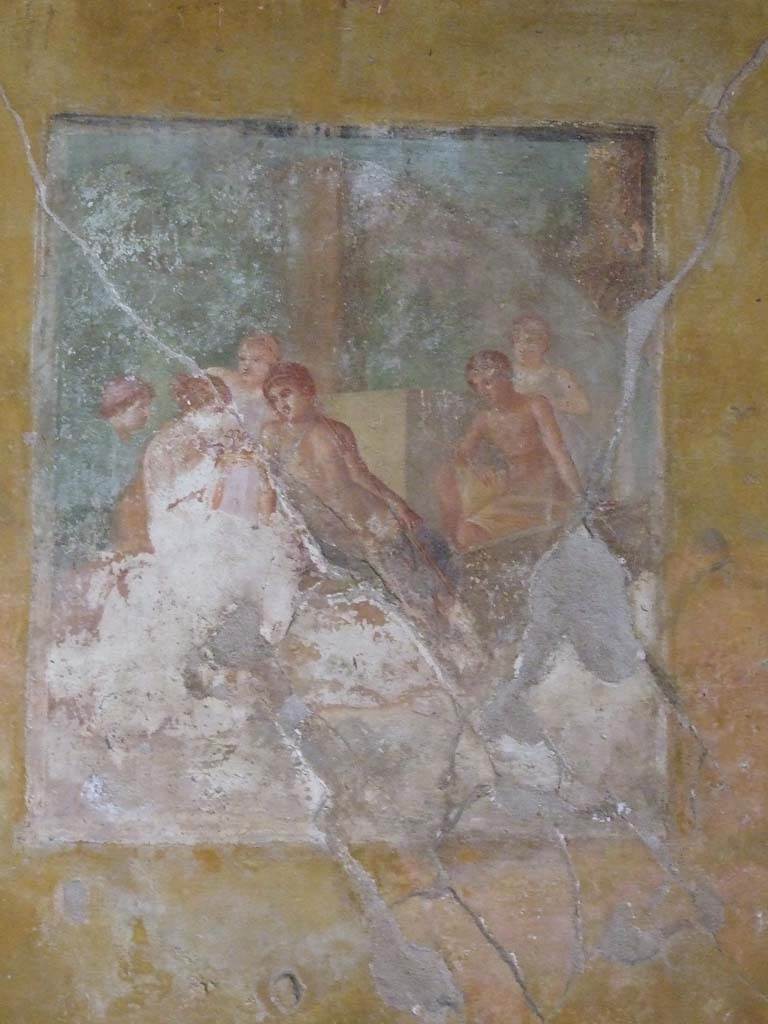 VI.8.3/5 Pompeii. March 2009. Room 12, north wall of dining room.
Venus giving some Cupids to Adonis.
See Pagano, N., 1881. Guida di Pompei Illustrata. Pompei: Scafati. (p.82).
A young couple looking at a nest of Cupids.
See Mau, A., 1907, translated by Kelsey F. W. Pompeii: Its Life and Art. New York: Macmillan. (p.315).
See Helbig, W., 1868. Wandgemälde der vom Vesuv verschütteten Städte Campaniens. Leipzig: Breitkopf und Härtel. (821, p.163).
The sale of cherubs.
See Nappo, S., 1998. Pompeii: Guide to the lost City. London: Weidenfield and Nicolson. (p.145).
Leda and Tyndareus with their children (Castor, Pollux and Helen) in a nest.
See Gell, W, 1837. Pompeiana. London: Lewis A. Lewis. (T. XLVIII).
