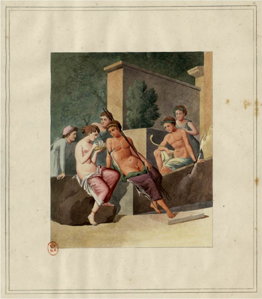 VI.8.3/5 Pompeii. c. 1828. Room 12, detail of painting from centre of north wall, described as Leda and Tyndareus.
See Raoul Rochette et Bouchet J., 1828. Choix d'Edifices Inédits : Maison du Poète Tragique. Paris, pl 15.