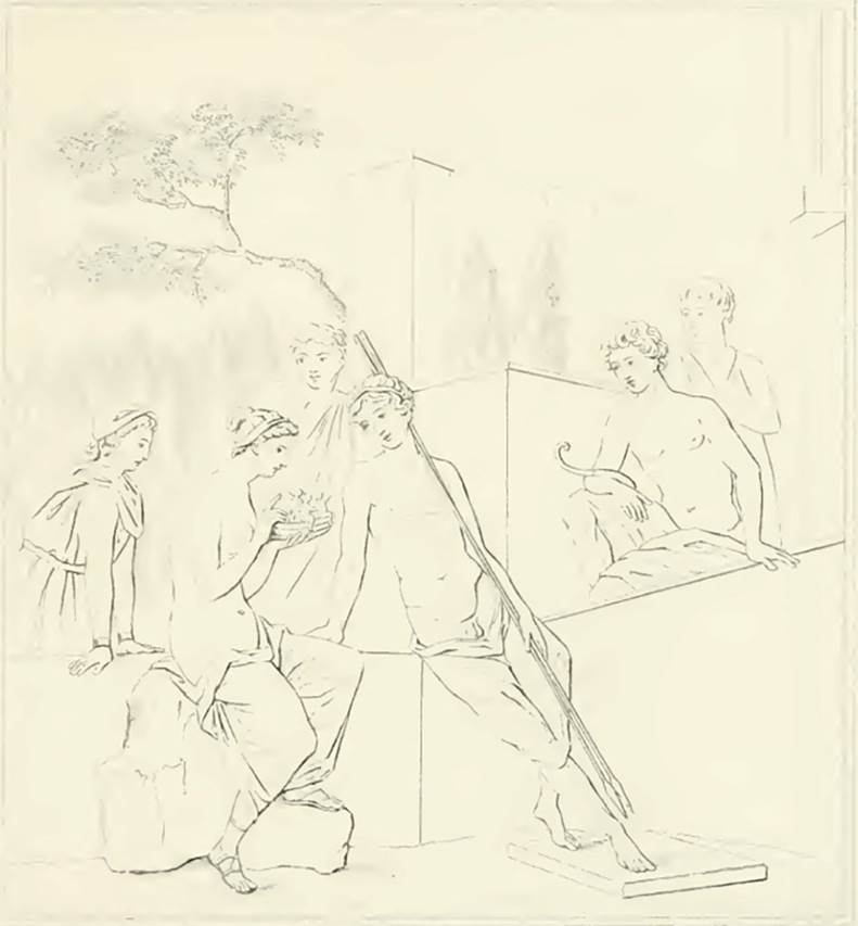 VI.8.3 Pompeii. 1832. Room 12, north wall. Painting described by Gell as Leda presenting her infant progeny to Tyndareus.
See Gell, W, 1832. Pompeiana: Vol 1. London: Jennings and Chaplin, Tav. XLVIII.