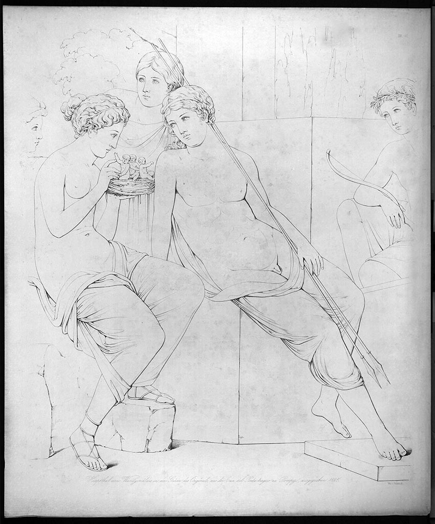VI.8.3/5 Pompeii. 1825. Room 12, north wall. Leda and Tyndareus from The House of the Tragic Poet by Wilhelm Zahn.
Drawing by Zahn published in 1828.
According to Mary Harrsch, “Zahn drew the fresco in 1825, shortly after excavators revealed it. Of all of the suggested interpretations, I think "Leda and Tyndareus" probably matches it better than "Aphrodite offering a nest of cupids to Adonis" as the children in the nest do not have wings (based on Zahn's drawing) and Adonis is merely a beautiful youth, not a warrior who would be cradling two spears (shown in Zahn's drawing). The fact there is only three children in the nest and not four is puzzling but I think they may represent the three mortal children Leda bore while the second spear may represent Pollux, the only immortal warrior that resulted from the union of Leda and Zeus.”
Our thanks to Mary Harrsch for helping us with this.
See Zahn, W., 1828-29. Die schönsten Ornamente und merkwürdigsten Gemälde aus Pompeji, Herkulanum und Stabiae: III. Berlin: Reimer, Taf. III.17.