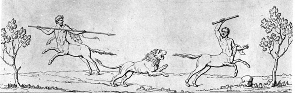 VI.8.3 Pompeii. W.104. Room 12, north wall, hunt scene with centaurs and a lion, from predella below central panel. See Real Museo Borbonico 3, 1827, Tav LI, 2.
Photo by Tatiana Warscher. With kind permission of DAI Rome, whose copyright it remains.
See http://arachne.uni-koeln.de/item/marbilderbestand/230748