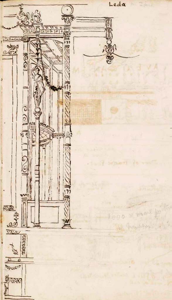 VI.8.3 Pompeii. c.1830. Room 12, detail from north wall of dining room.
Drawing by Gell showing west side of central painting, which he described as Leda.
See Gell, W. Sketchbook of Pompeii, c.1830.
See book from Van Der Poel Campanian Collection on Getty website http://hdl.handle.net/10020/2002m16b425