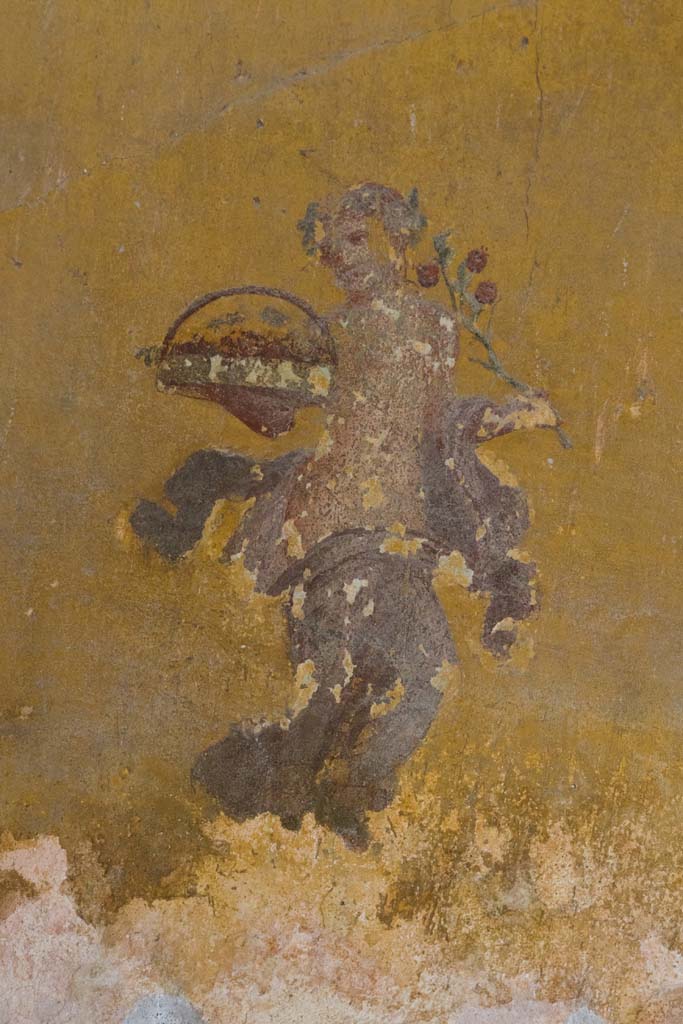 VI.8.3/5 Pompeii. April 2022.
Room 12, figure in panel at north end of east wall of dining room. Photo courtesy of Johannes Eber.