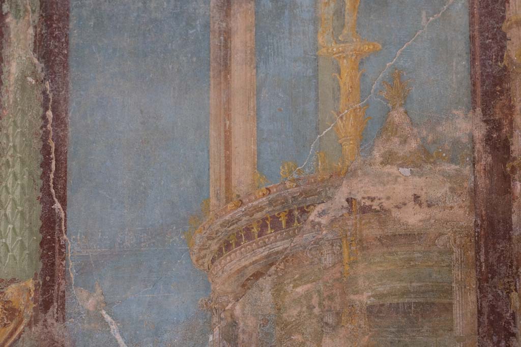 VI.8.3/5 Pompeii. April 2022.
Room 12, detail from lower architectural panel on south side of central painting on east wall. Photo courtesy of Johannes Eber.