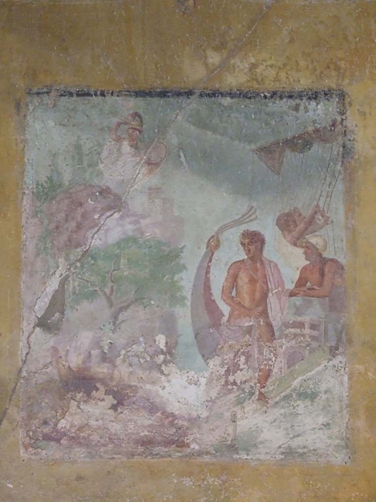 VI.8.3/5 Pompeii. March 2009. Room 12, east wall of dining room.
Mau identifies this as Theseus going on board ship leaving behind the beautiful Ariadne.
See Mau, A., 1907, translated by Kelsey F. W. Pompeii: Its Life and Art. New York: Macmillan. (p.315).
Helbig also identifies Athena, dressed in white, floating above the cliff watching what happens.
See Helbig, W., 1868. Wandgemälde der vom Vesuv verschütteten Städte Campaniens. Leipzig: Breitkopf und Härtel. (1218, p.255).