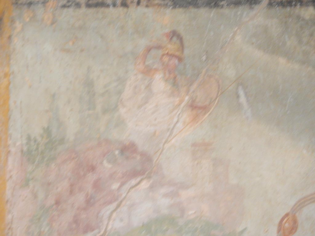 VI.8.3/5 Pompeii. May 2015.
Room 12, detail from central painting on east wall, Athena dressed in white. Photo courtesy of Buzz Ferebee.