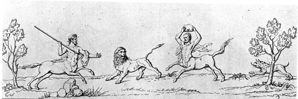 VI.8.3 Pompeii. W.104. Room 12, south wall, hunt scene with centaurs and a lion, from predella below central panel. See Real Museo Borbonico 3, 1827, Tav LI, 1.
Photo by Tatiana Warscher. With kind permission of DAI Rome, whose copyright it remains.
See http://arachne.uni-koeln.de/item/marbilderbestand/230748