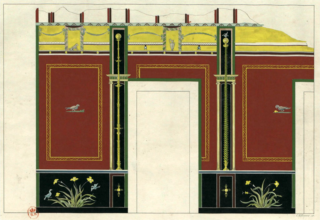 VI.8.3/5 Pompeii. c.1828. Room 11, peristyle. Looking towards painted west wall with doorways to rooms 15 and 16. 
See Raoul Rochette et Bouchet J., 1828. Choix d'Edifices Inédits : Maison du Poète Tragique. Paris, pl 23.
