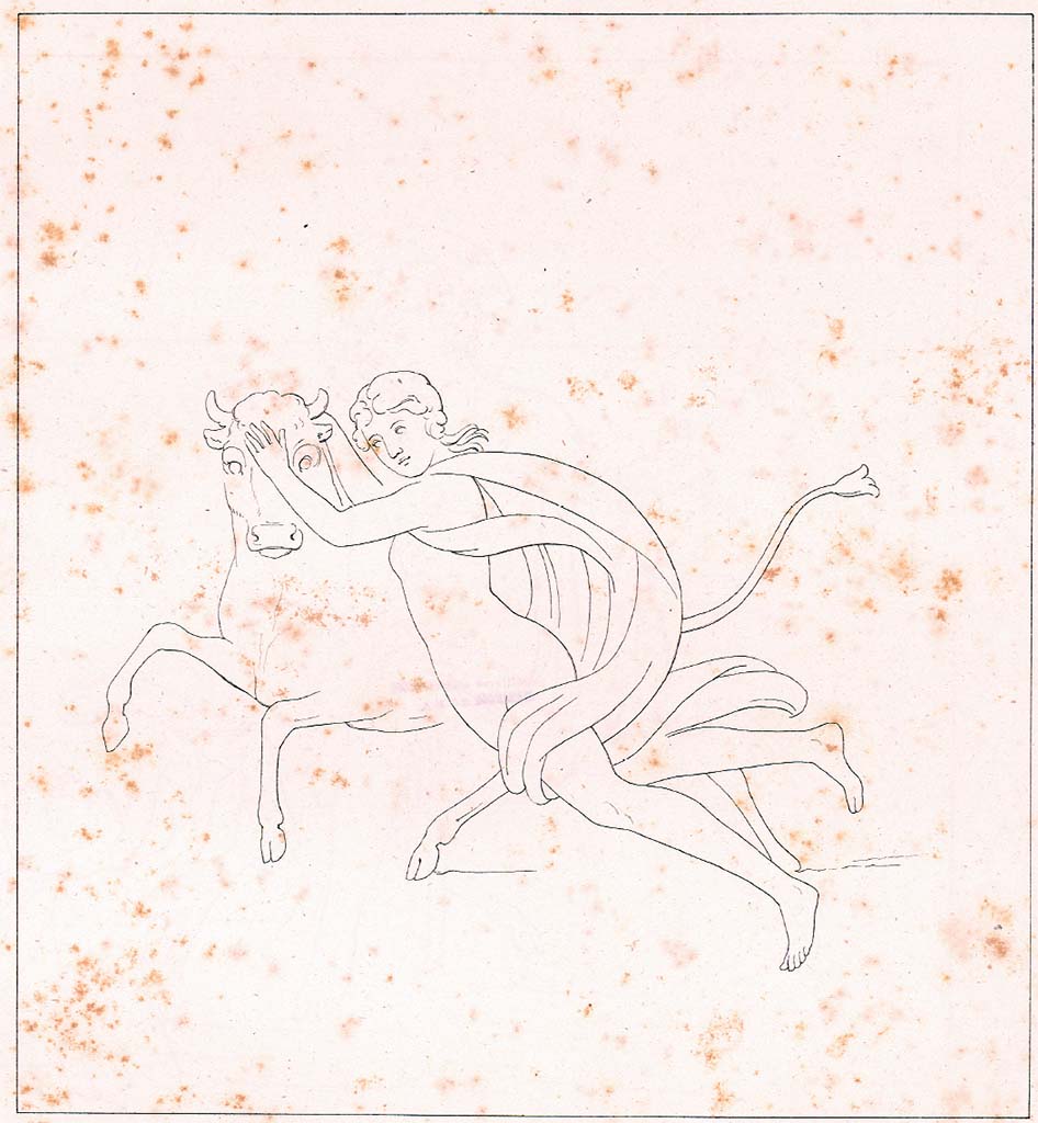 VI.8.5 Pompeii. c.1828. Room 9, drawing by Zahn of Europa and the Bull, the central painting on south wall. 
See Zahn W. Neu entdeckte Wandgem�lde in Pompeji gezeichnet von W. Zahn [ca. 1828], taf. 10.
