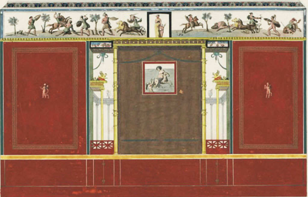 VI.8.5 Pompeii. c.1828. Room 9, west wall of cubiculum with painting of Venus Pompeiana in the centre of the top frieze with battle scenes on either side.
See Raoul Rochette et Bouchet J., 1828. Choix d'Edifices In�dits : Maison du Po�te Tragique. Paris, pl 7. (Chambre 18).
