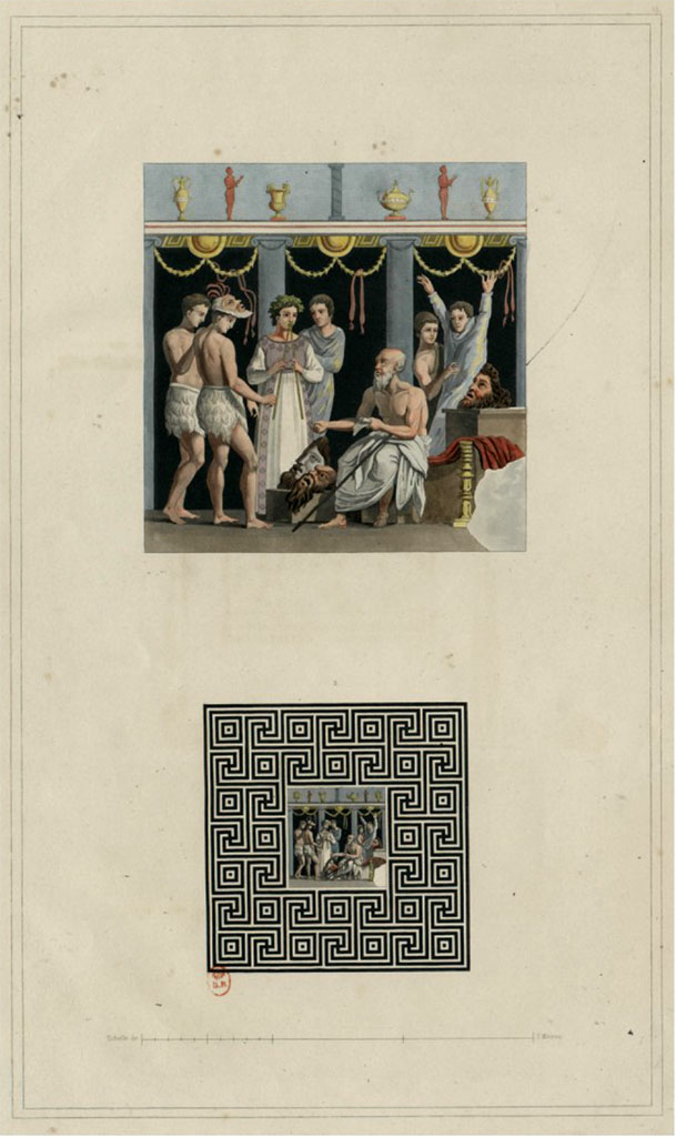 VI.8.5 Pompeii. c.1828. Room 6, tablinum. Painting of central emblema and mosaic flooring.
See Raoul Rochette et Bouchet J., 1828. Choix d'Edifices Inédits : Maison du Poète Tragique. Paris, pl 19. (Mosaique du tablinum marque 8 sur le plan.)

