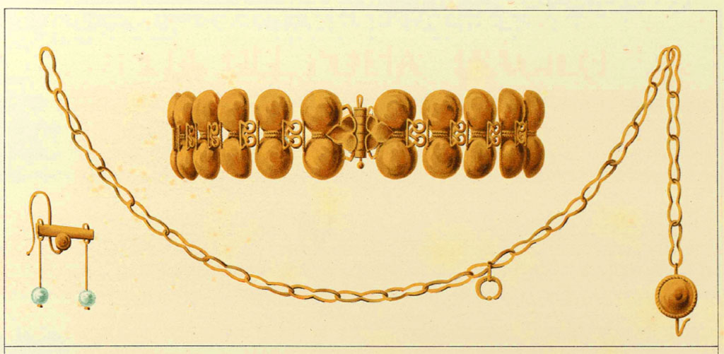 VI.8.4.5.6 Pompeii. Gold jewellery was found in one of the shops adjacent to the entrance VI.8.5 but which may have fallen from above.
Two bracelets, each made up of twenty of the usual hazelnut shells, in two rows.
Two perfectly preserved necklaces, one of which has the shape of a chain, and the other of a vaguely contextual strap.
A pair of elegant and delicate earrings composed of two pearls hanging from a small button. Finally, two armbands.
According to Niccolini, from many circumstances it is clear that this building had a second floor. Both shops have a piperno threshold, with the usual hollows for the external closure: the walls are painted red at the bottom, and in the upper portion a yellowish tint, in which some squares appear. The shop to the left of the porch has three large pieces of piperno in the floor, which follow each other, rising several palms from the ground. The numerous jewels which were found there led some to believe that the house with the shops belonged to an ancient jeweller, who therefore kept such a large quantity of precious jewellery. The two shops, both had communication with the porch of VI.8.5, and thus had some dependence on the owner of the house.
Therefore, following an observation by Mazois, Bechi and Raoul-Rochette were of the opinion that these tabernae were intended for the sale of grain, fruit, and other commodities from the owner's rustic estates.
In the first excavations, however, pieces of a fallen floor were found, representing a head of Bacchus and other figures in mosaic. It could also be assumed that the gold objects found in the shops next to the main entrance had fallen from above.
See Niccolini F, 1854. Le case ed i monumenti di Pompei: Volume Primo. Napoli, Casa del Poeta Tragico, p. 1-3, Tav. III.