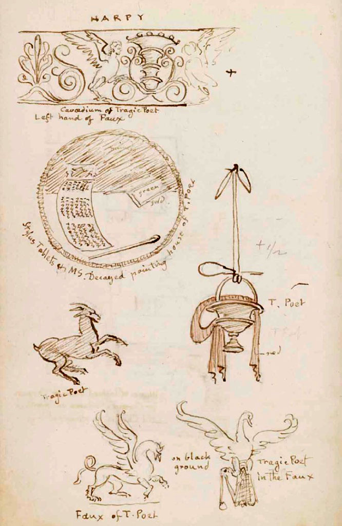 VI.8.5 Pompeii. c.1830. Drawings from sketchbook, some described as coming from the Faux (fauces/entrance corridor).
Harpy: Cavaedium of Tragic Poet left hand of Faux.
Swan with bandages from Tragic Poet in the Faux.
Griffin from Faux of T. Poet.
From the house but location not specified:
Stylus tablets and manuscript. Decayed painting House of T. Poet.
Goat or buck Tragic Poet.
Vessel with ribbon in red T. Poet.
See Gell, W. Sketchbook of Pompeii, c.1830.
See book from Van Der Poel Campanian Collection on Getty website http://hdl.handle.net/10020/2002m16b425
