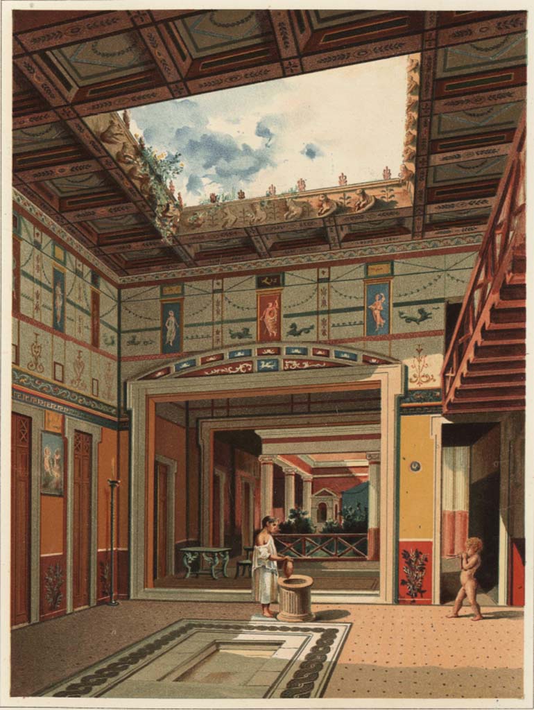 VI.8.5, Pompeii. c.1896. Restoration view by G. Discanno looking north across atrium.
See Niccolini F, 1896. Le case ed i monumenti di Pompei: Volume Quarto. Napoli, Saggi di Restauro Tav. III.