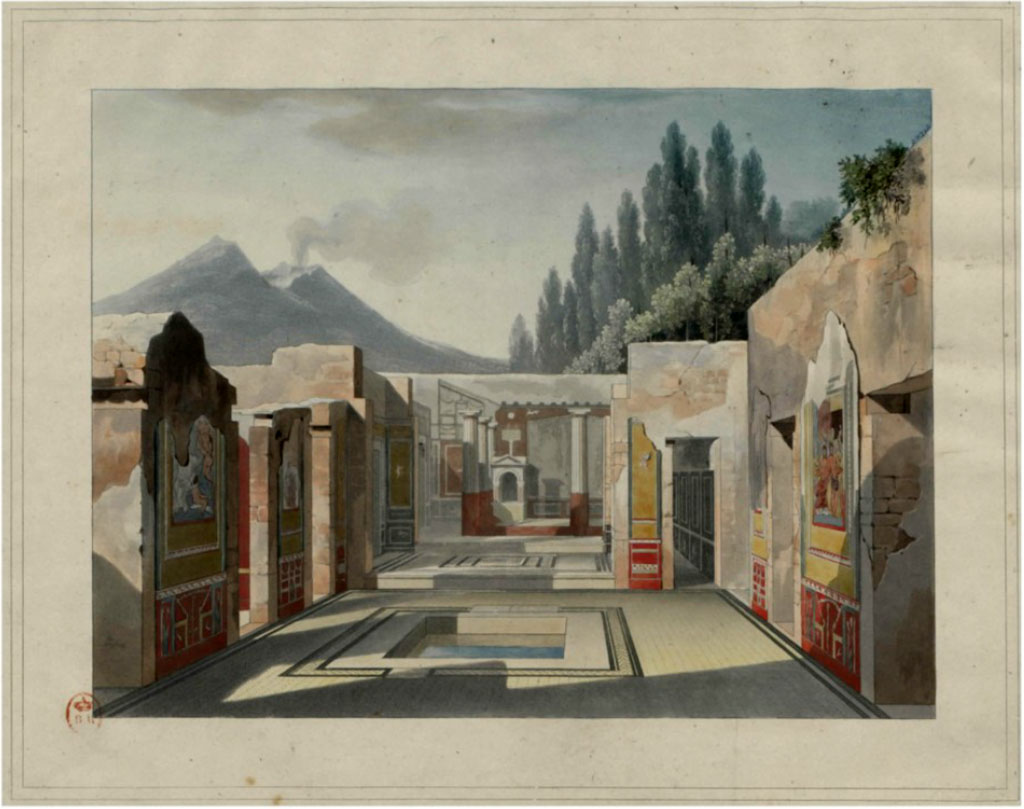 VI.8.5, Pompeii. c.1828. Perspective view taken from the prothyrum. Looking north across atrium.
See Raoul Rochette et Bouchet J., 1828. Choix d'Edifices Inédits : Maison du Poète Tragique. Paris, pl 4.