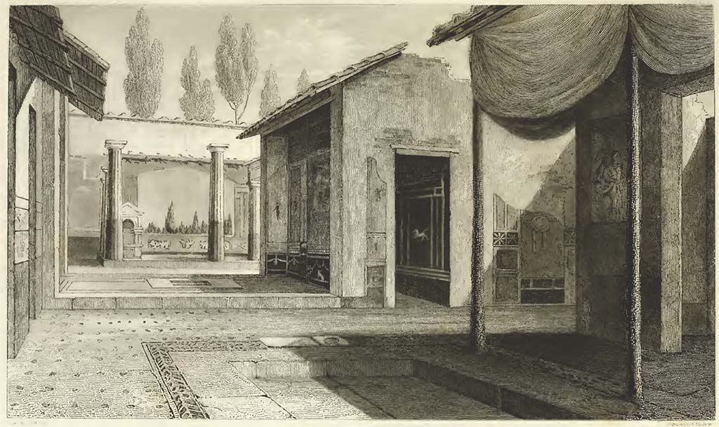 VI.8.5, Pompeii. View by Gell "taken soon after its discovery, at a moment when certain shades of drapery had been placed to protect the painting of Achilles from the effects of the sun".
See Gell, W, 1832. Pompeiana: Vol 2. London: Jennings and Chaplin, p. 95-6, plate XXXVI.