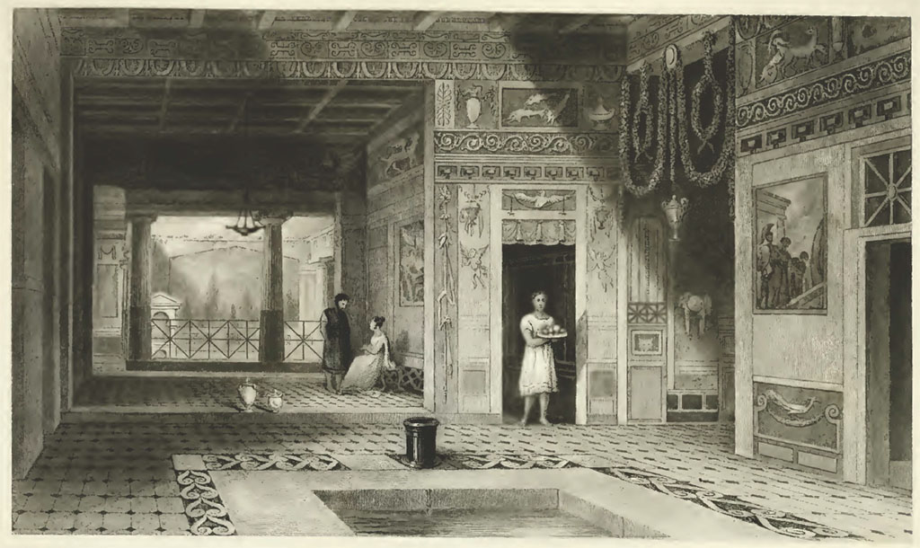 VI.8.5, Pompeii. 1832. The Poet's House Restored, view by William Gell
"This restoration is calculated to afford an idea of the pleasing effect which even a moderately sized house, arranged in the manner of the ancients, is capable of producing. Nothing has been changed from the original drawing, Plate XXXVI., the lines having been traced from it by means of a pane of glass. The roof only has been added, which must have existed, and, probably, in a much more complicated and ornamented form than that here represented. The pendent ornaments are taken from a picture at Herculaneum. The light also has been thrown from the contrary side, which has contributed to the apparent change of the picture; and the sombre shades, contrasted with the partial lights of the impluvium and the peristyle, produce an effect scarcely credible by those who have only seen the habitation exposed to the glare of sunshine.".
See Gell, W, 1832. Pompeiana: Vol 2. London: Jennings and Chaplin, p. 96-7, plate XXXVII.