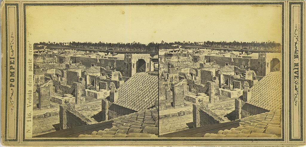 VI.8.8 Pompeii. Stereoview by R. Rive, c.1870’s.
Looking from Forum Baths towards VI.8.8 and VI.8.9 and Arch in Via Mercurio. Photo courtesy of Rick Bauer.