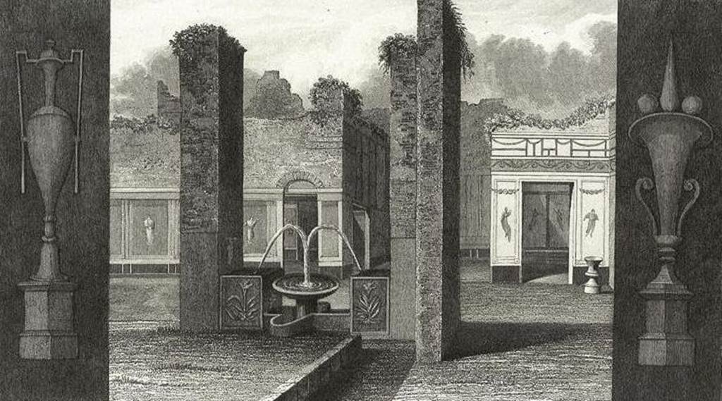 VI.8.20 Pompeii. Fountain in the fullery of L. Veranius Hypsaeus, drawing by Gell.
Between the two pillars at the south end of the east side of the portico there was a fountain.
This was unlike any other fountain found at Pompeii so far.
It consisted of a marble basin supported by a small, fluted pedestal which stood in a pool of unusual shape.
Water jetted from pipes (concealed in the projection –a low wall attached to each pillar) falling into the basin.
It then overflowed into the pool.
On the left pillar was a painting of a river god, on the opposite pillar a painting of standing female figure.
There was also a painting of Bacchus and of Apollo on the low walls flanking the pillars.
There was also a painting of an altar with two large serpents on one of the pillars.
On three sides of the corner (left) pillar was a remarkable series of four paintings which pictured in detail the various processes in the fulling industry.
See Jashemski, W. F., 1993. The Gardens of Pompeii, Volume II: Appendices. New York: Caratzas. (p.134, figs 145 to 148).
According to Kuivalainen –
“On the south pillar, depictions of a fullonica (now in MANN). On the east wall, a young standing Bacchus with a panther.”
See Kuivalainen, I., 2021. The Portrayal of Pompeian Bacchus. Commentationes Humanarum Litterarum 140. Helsinki: Finnish Society of Sciences and Letters, p.96, B4, as well as p.111, C8 for another young Bacchus with a panther in the same area, on the same wall.