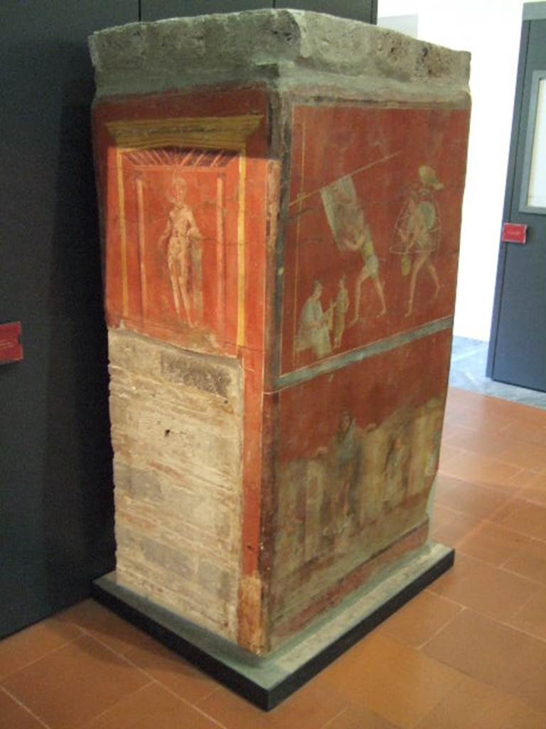 Pillar with fullonica scenes found in the Fullonica at VI.8.20, left hand side, and front of pillar.
Now in Naples Archaeological Museum. Inventory number 9974.